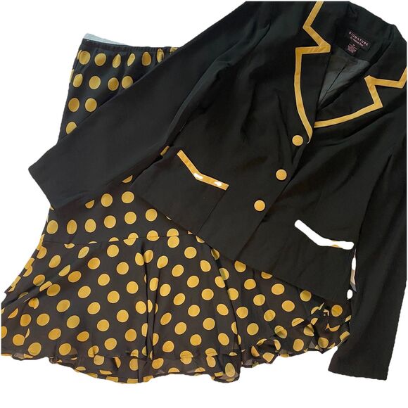 Vintage SIGNATURE ROBBIE BEE Skirt Blouse Suit Polka Dot Peplum Womens 10 Black - Picture 1 of 6